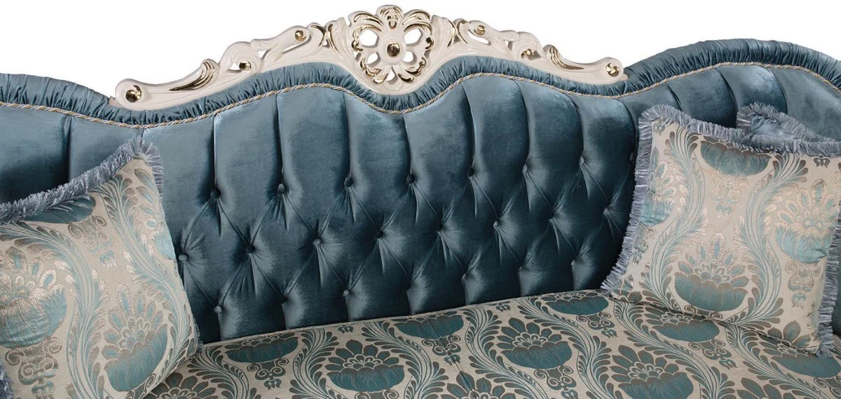 Luxury baroque living room sofa with cushions blue / white / gold 240 x 87 x H. 99 cm - Baroque furniture - noble & magnificent