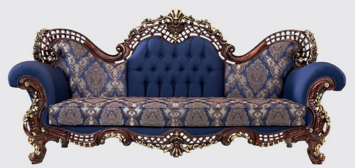 Luxury Baroque Living Room Set Blue / Dark Brown / Gold - 2 Sofas & 2 Armchairs & 1 Coffee Table - Handmade Living Room Furniture in Baroque Style - Noble & Magnificent