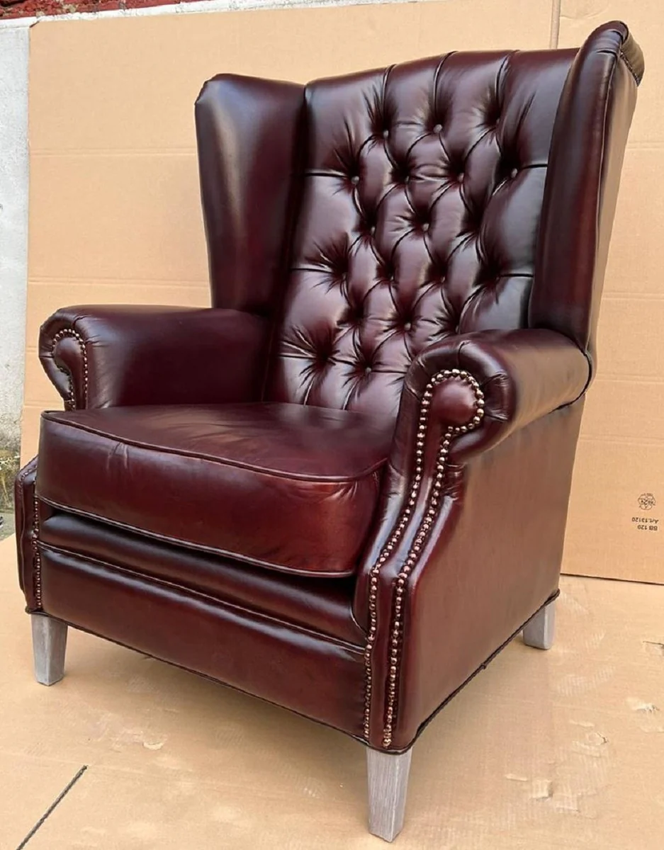 Luxury Chesterfield wing chair wine red / gray 90 x 90 x H. 110 cm - genuine leather Chesterfield living room armchair - living room furniture - Chesterfield furniture - luxury furniture