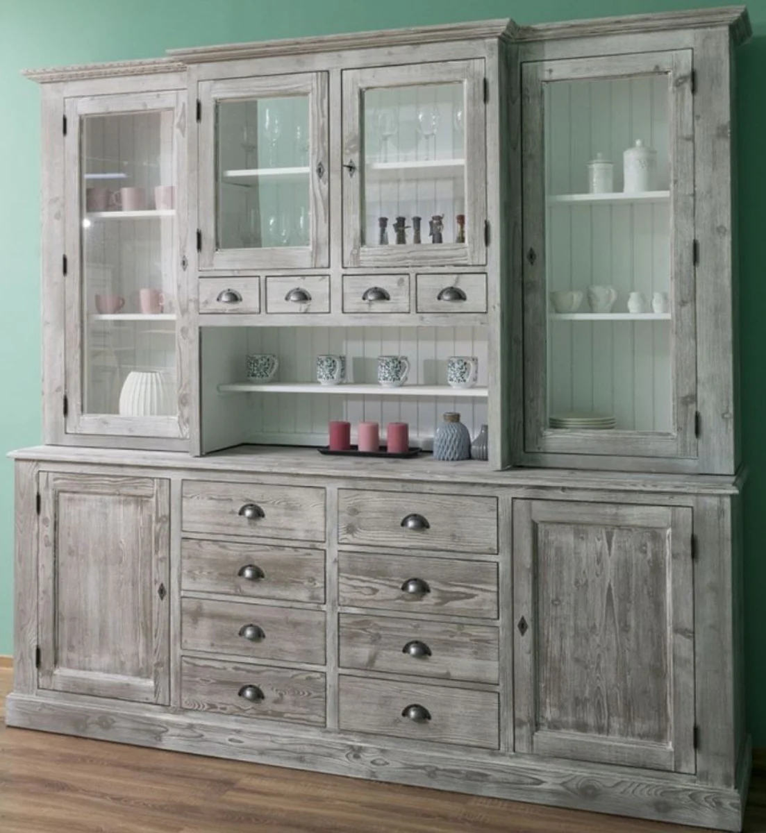 Country house style kitchen cabinet gray / white 244 x 47 x H. 225 cm - 2-part cabinet with 6 doors and 12 drawers - country house style kitchen furniture