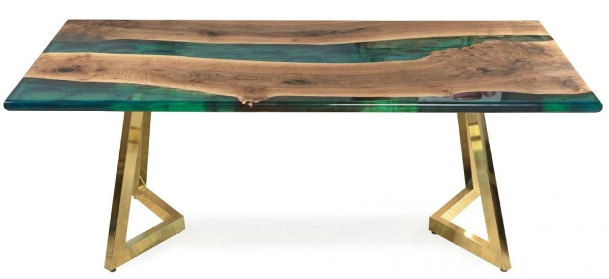 Luxury dining table brown / green / gold 210 x 100 x H. 76 cm - Rectangular kitchen table with epoxy resin - Dining room furniture - Epoxy resin furniture - Luxury furniture