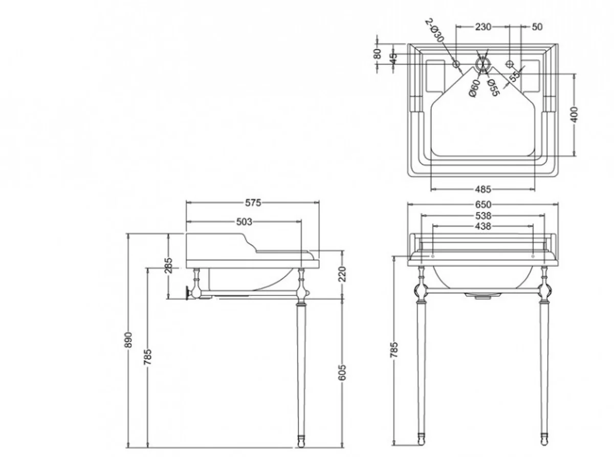 Art Deco standing washbasin white / chrome with 2 tap holes - Art Nouveau washbasin baroque antique style
