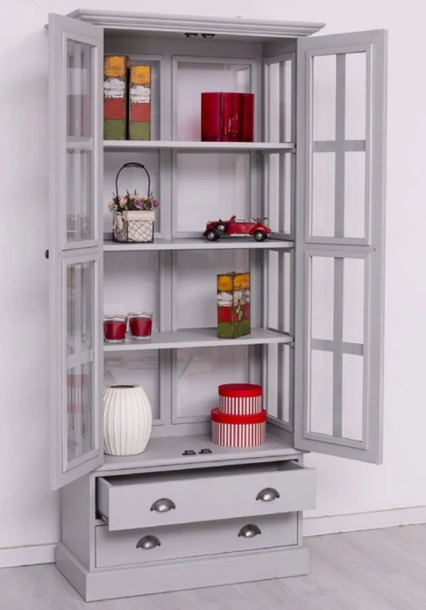 Country house style display cabinet light gray 91 x 47 x H. 200 cm - Solid wood display cabinet with 2 doors and 2 drawers - Country house style furniture - Solid wood furniture - Dining room furniture