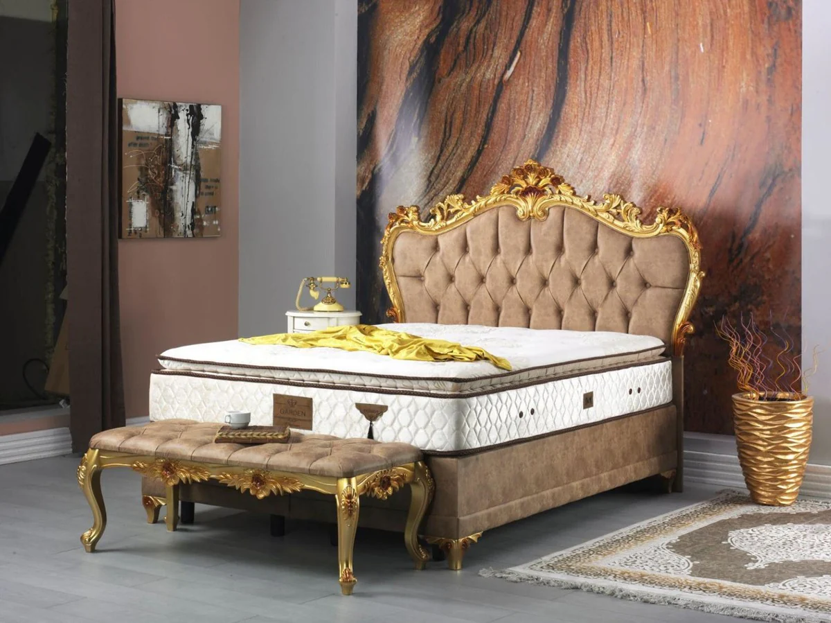Baroque double bed brown / gold - magnificent velvet bed with mattress - bedroom set in baroque style - bedroom furniture