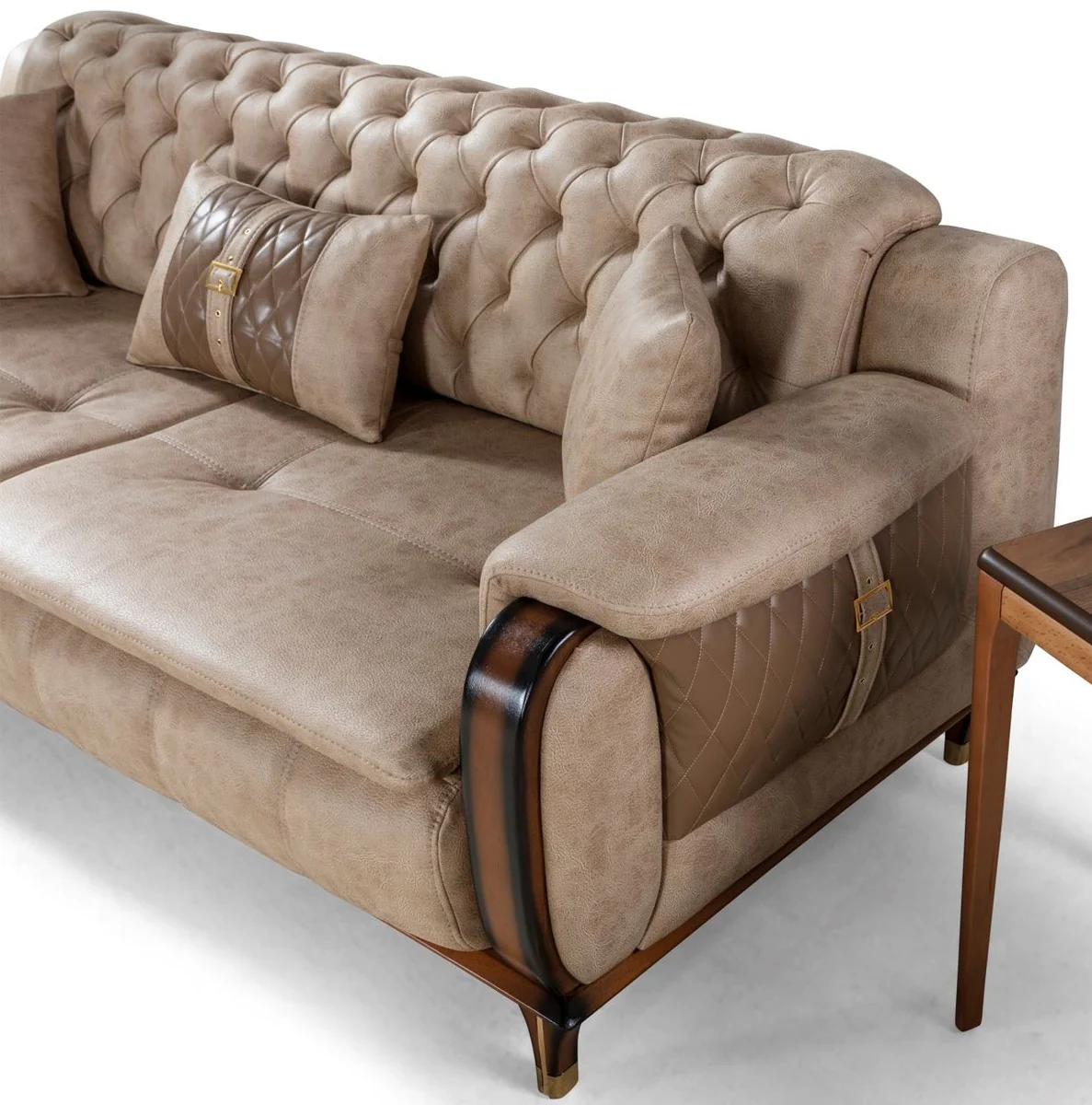 Luxury Chesterfield sofa bed beige / brown / black / gold 222 x 98 x H. 80 cm - Modern living room sofa - Luxury living room furniture
