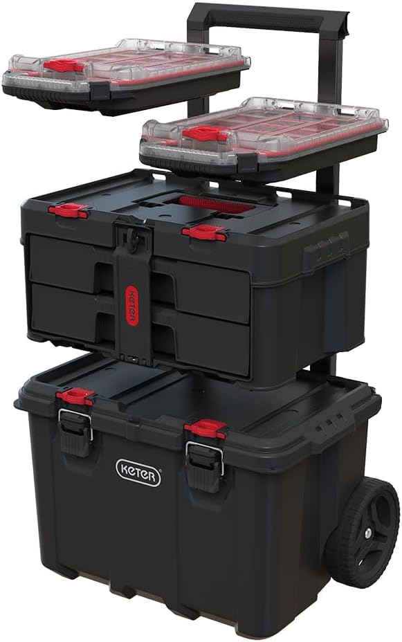 Modular Tools Organizer for Garage Storage and DIY, 3 Piece Resin Rolling Tool Box System for Small Parts