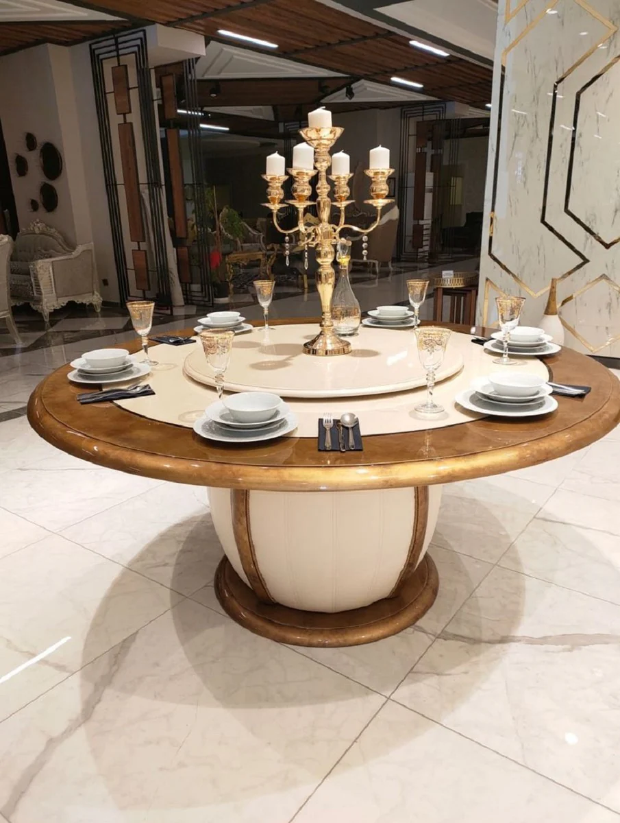 Luxury baroque dining table cream / gold - round solid wood dining room table with rotating middle section - elegant baroque hotel & restaurant furniture