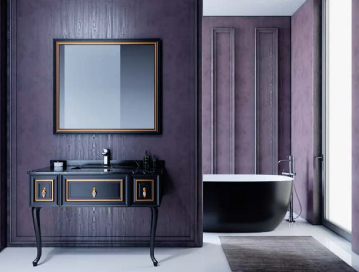 Luxury Baroque Bathroom Set Matt Black / Matt Gold - 1 Baroque washbasin with marble top and built-in ceramic sink & 1 Baroque LED wall mirror - Baroque bathroom furniture