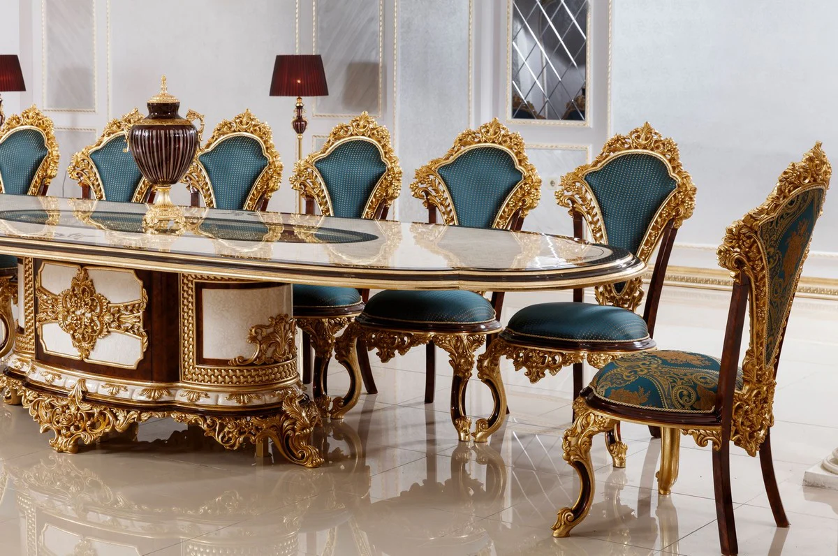 Luxury Baroque Dining Room Set White / Brown / Blue / Gold - 1 Baroque Dining Table & 22 Baroque Dining Chairs - Hotel Furniture - Castle Furniture - Palace Furniture - Luxury Furniture in Baroque Style