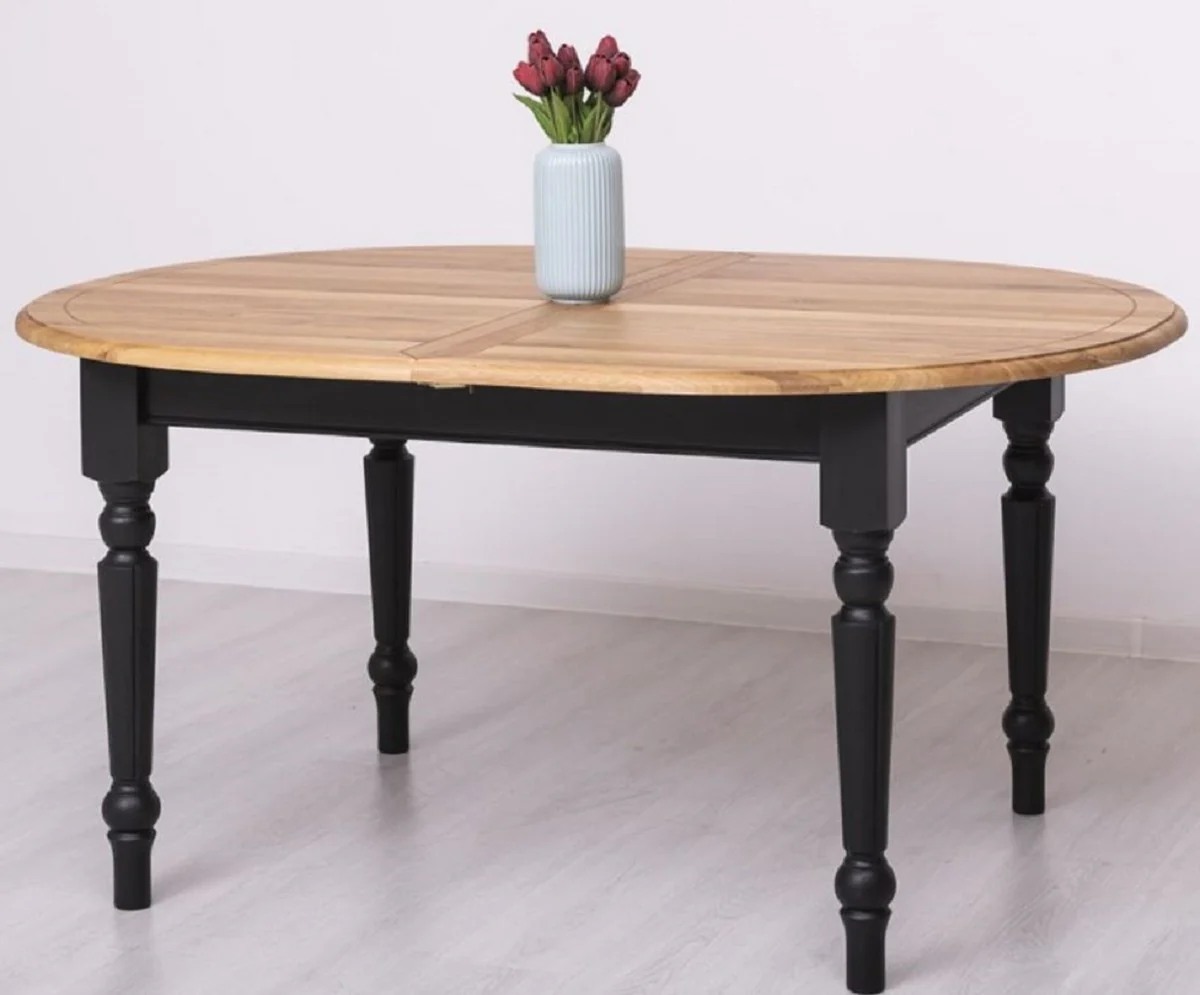 Country house style dining table natural colors / black 160-200 x 120 x H. 78 cm - Oval extendable solid wood kitchen table with oak table top - Dining room furniture in country house style