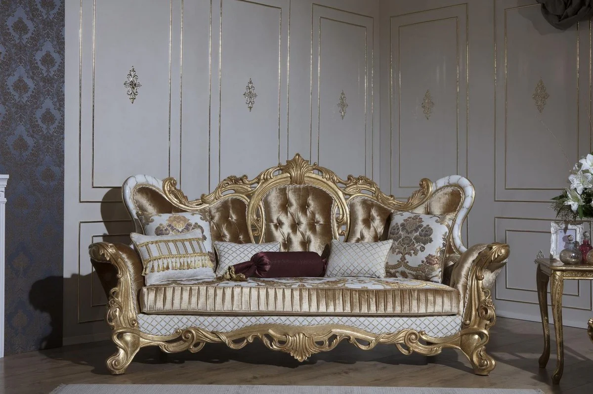 Luxury baroque sofa gold / white / gold 248 x 108 x H. 122 cm - living room sofa with elegant pattern and decorative pillows - magnificent baroque furniture