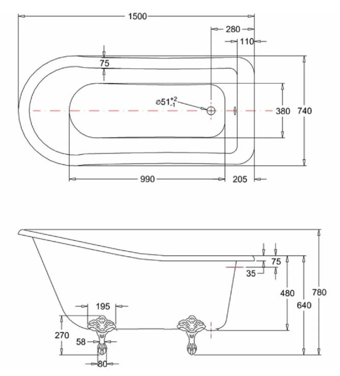Luxury Art Nouveau bathtub white / white 150 x 75 x H. 78 cm - Freestanding retro acrylic bathtub - Retro bathroom furniture