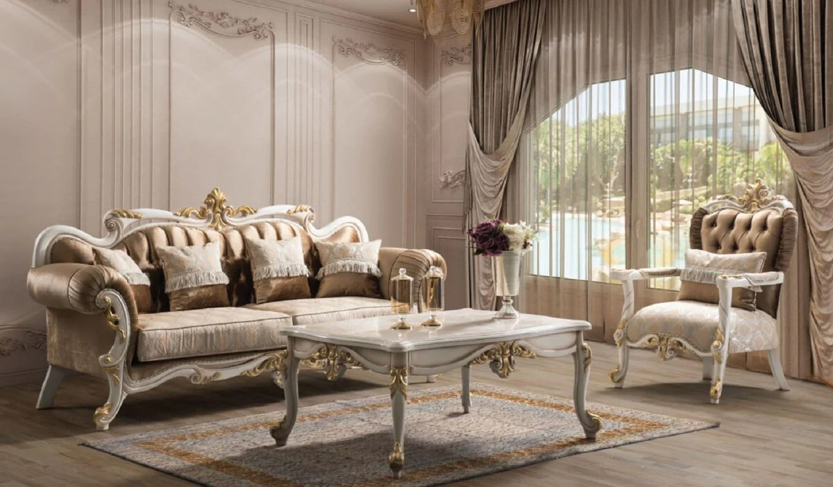 Luxury baroque coffee table beige / white / gold - noble solid wood living room table in baroque style - baroque living room furniture
