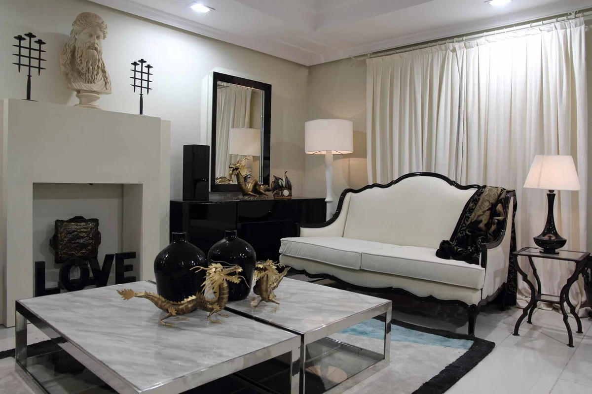 Luxury baroque sofa white / black 185 x 95 x H. 111 cm - living room sofa with decorative pillows - noble baroque furniture