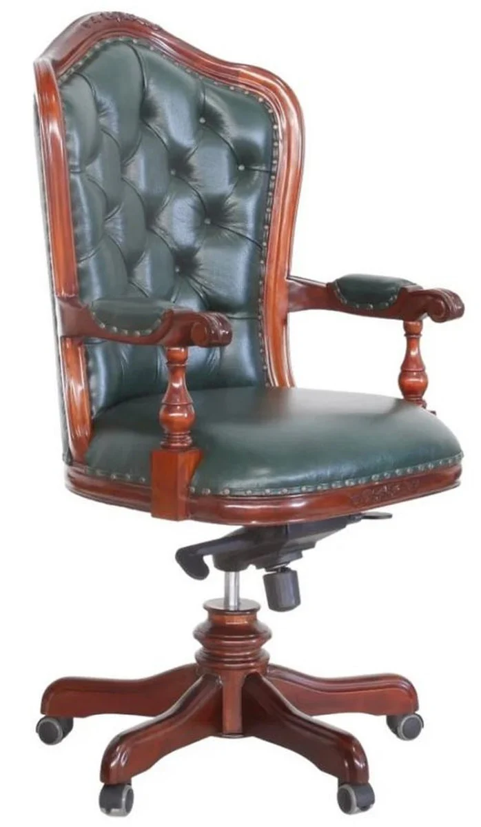 Luxury Baroque Chesterfield genuine leather desk chair dark green / brown H. 123 cm - Baroque office furniture