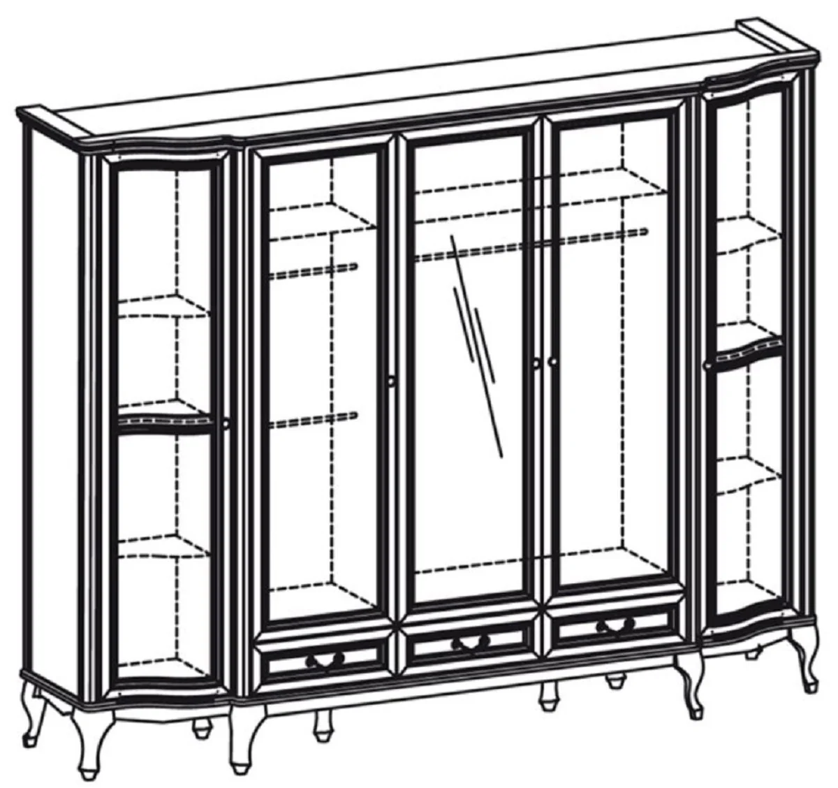 Luxury Art Nouveau bedroom wardrobe dark brown 256.8 x 63.5 x H. 206 cm - solid wood wardrobe with 5 doors and 3 drawers - Baroque & Art Nouveau bedroom furniture