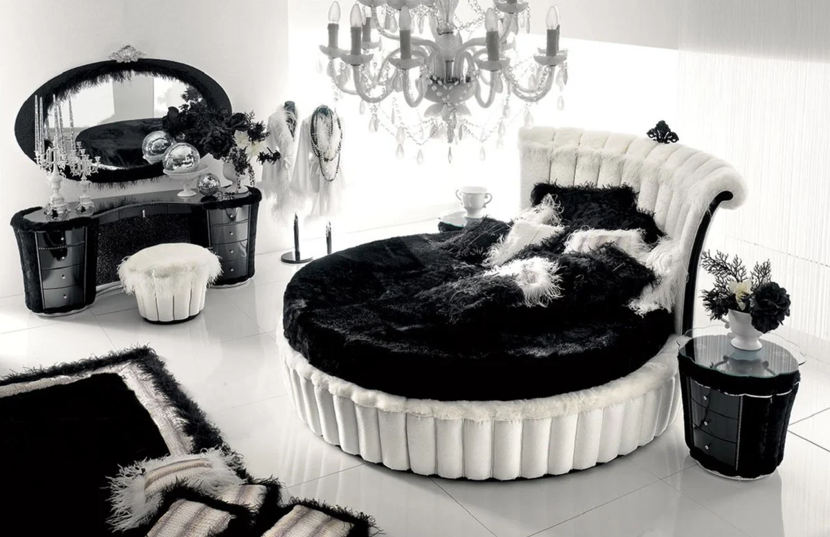 Luxury Baroque Round Bed White / Black - Round Baroque Bed with Mattress - Magnificent Baroque Bedroom & Hotel Furniture - First Class Quality - Made in Italy
