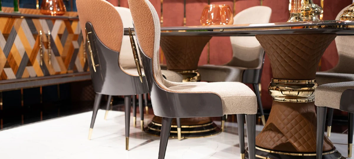 Luxury Art Deco Dining Chair Set of 6 Cream / Brown / Gray / Gold - Art Deco Kitchen Chairs - Luxury Art Deco Dining Room Furniture