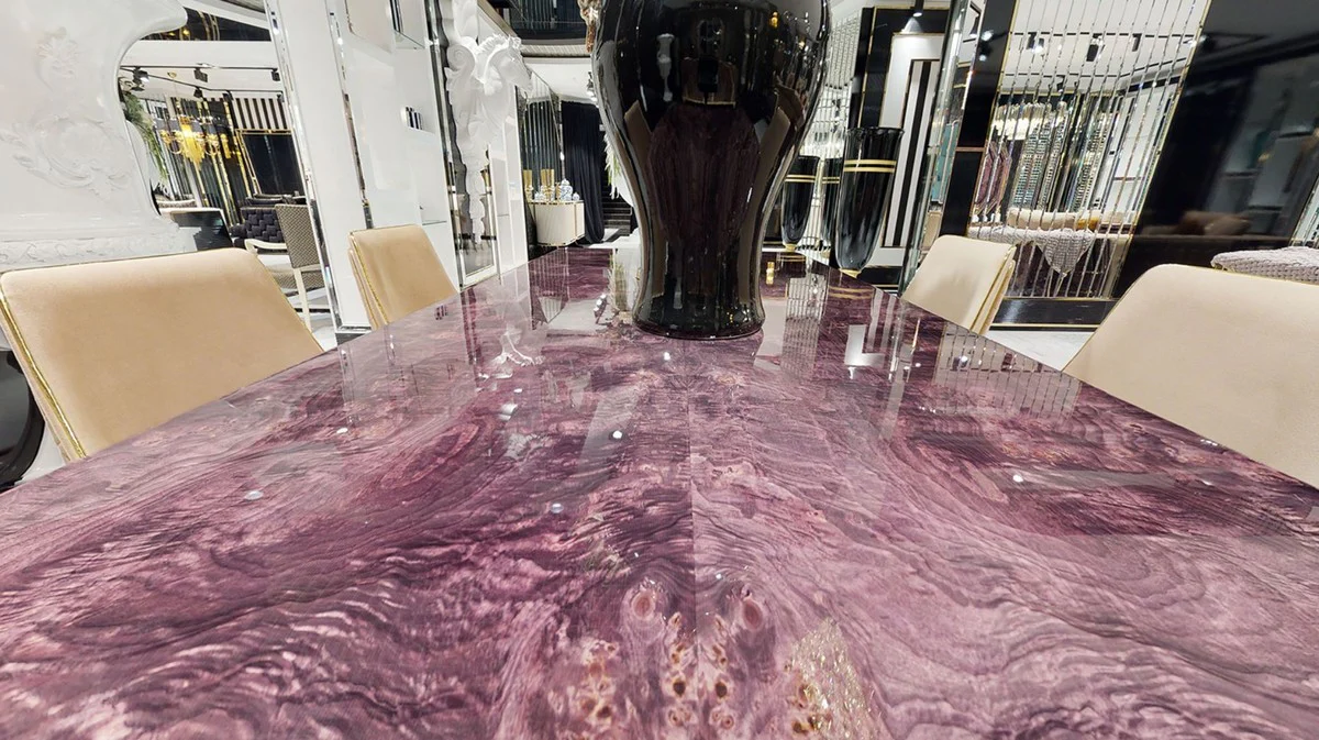 Luxury Art Deco dining table purple / beige / gold - handmade solid wood kitchen table with marble look table top - Art Deco dining room furniture