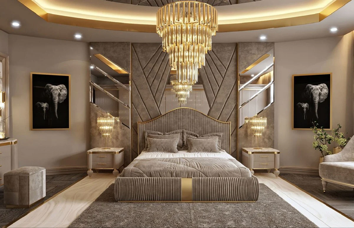 Luxury Art Deco double bed gray / gold - noble solid wood bed with headboard - Art Deco bedroom & hotel furniture - luxury collection