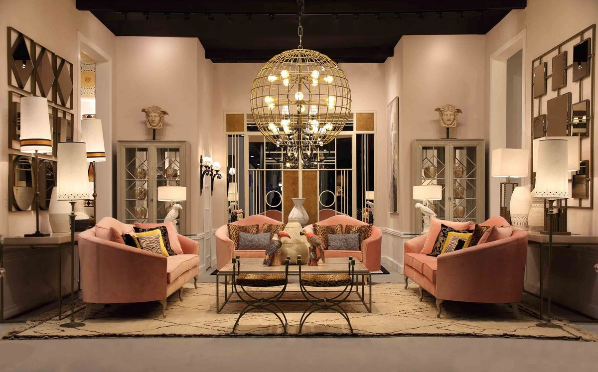 Luxury Baroque velvet sofa pink / gray 280 x 90 x H. 100 cm - Noble living room sofa with decorative pillows - Baroque living room furniture - Luxury quality