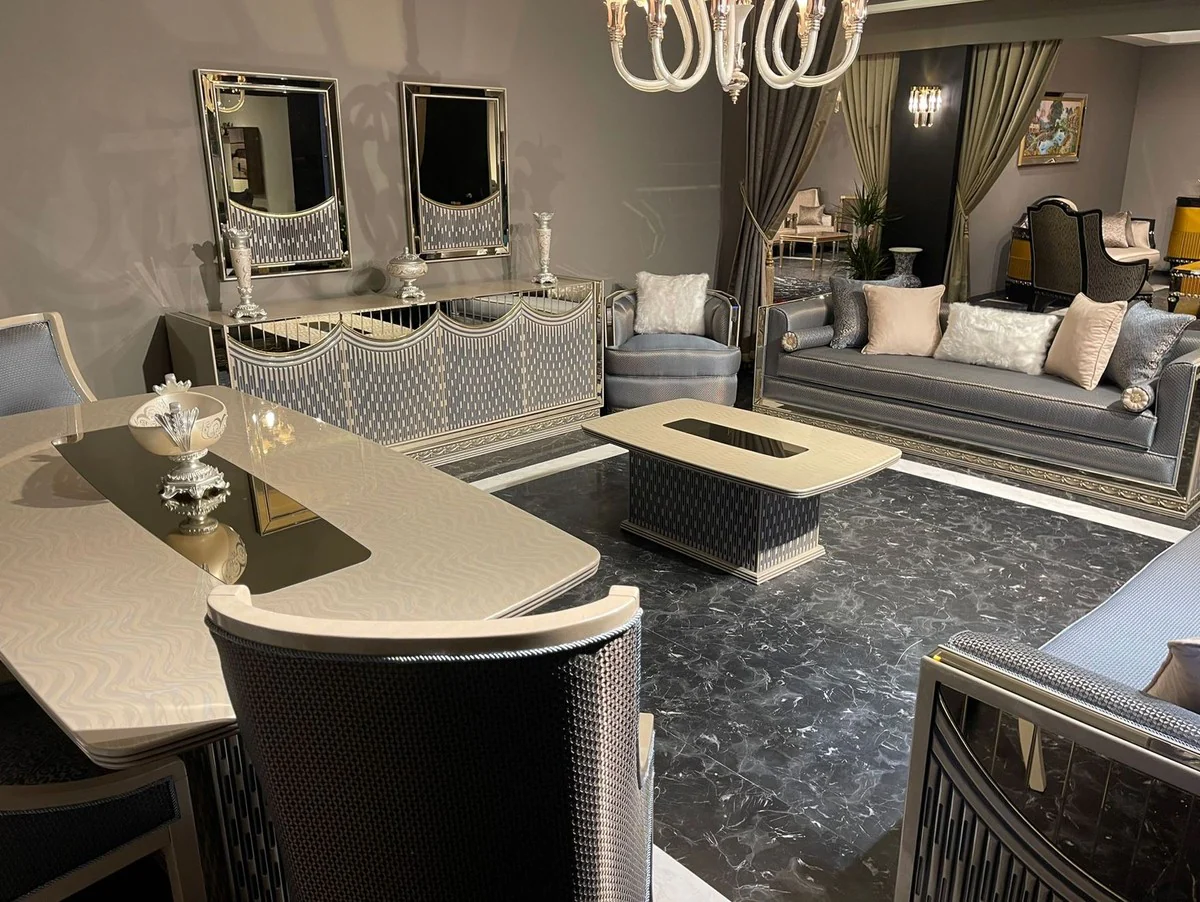 Luxury Art Deco Dining Room Set Light Blue / Cream / Gold - 1 Art Deco Dining Table & 6 Art Deco Dining Room Chairs - Dining Room Furniture - Art Deco Furniture - Luxury Furniture - Art Deco Furnishings