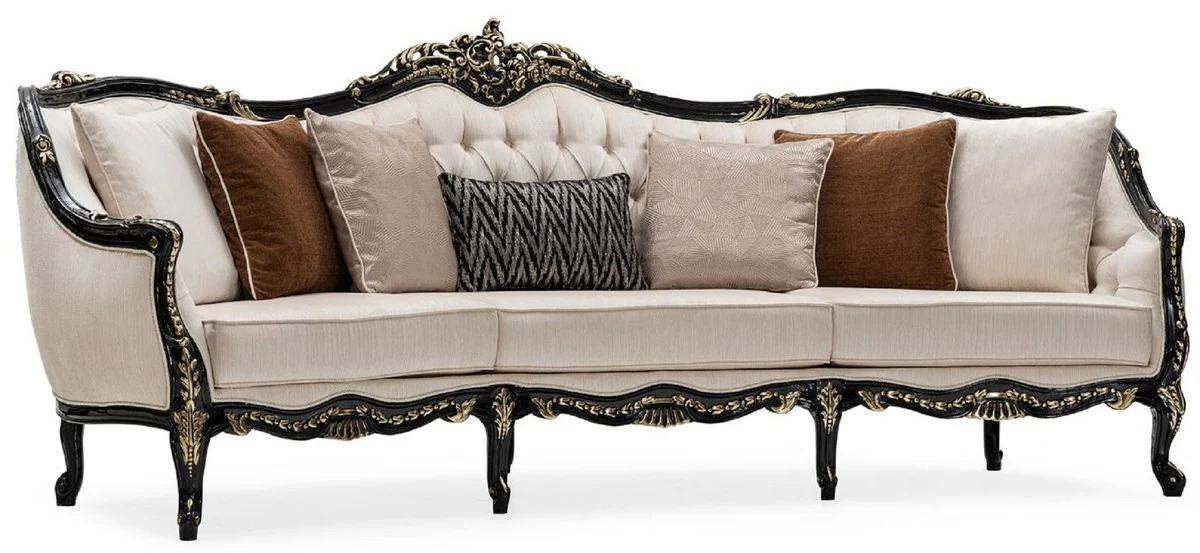 Luxury Baroque Living Room Sofa Cream / Black / Gold - Handmade Baroque Style Sofa with Decorative Cushions - Luxury Living Room Furniture in Baroque Style - Baroque Furniture - Noble & Magnificent