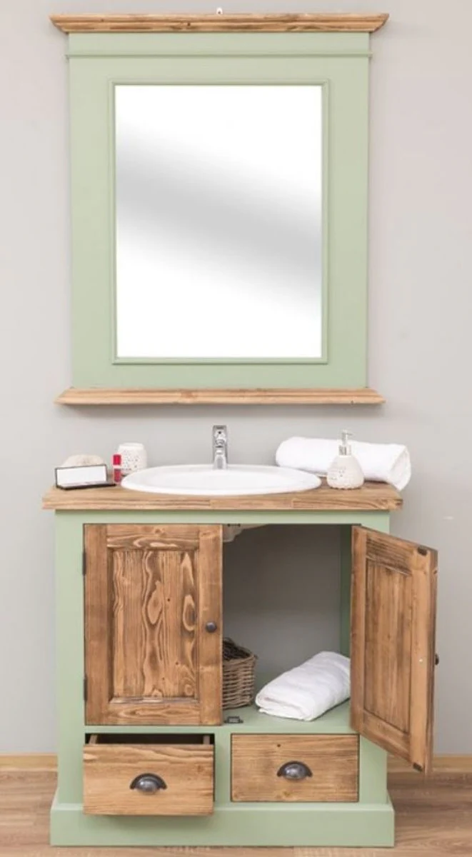 Country house style bathroom set light green / brown - 1 washbasin & 1 wall mirror - solid wood bathroom furniture in country house style