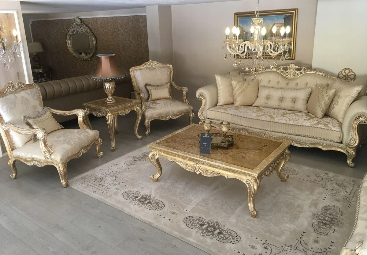 Luxury Baroque Sofa Gold / Antique Gold - Magnificent living room sofa with elegant pattern - Baroque living room furniture