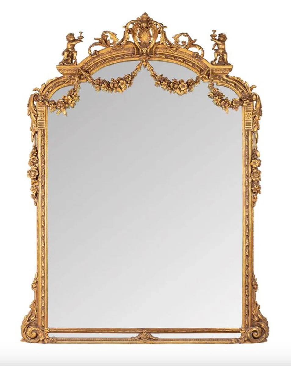 Huge baroque mirror gold 220 x 160 cm with angel motifs - antique style - heavy ornate design
