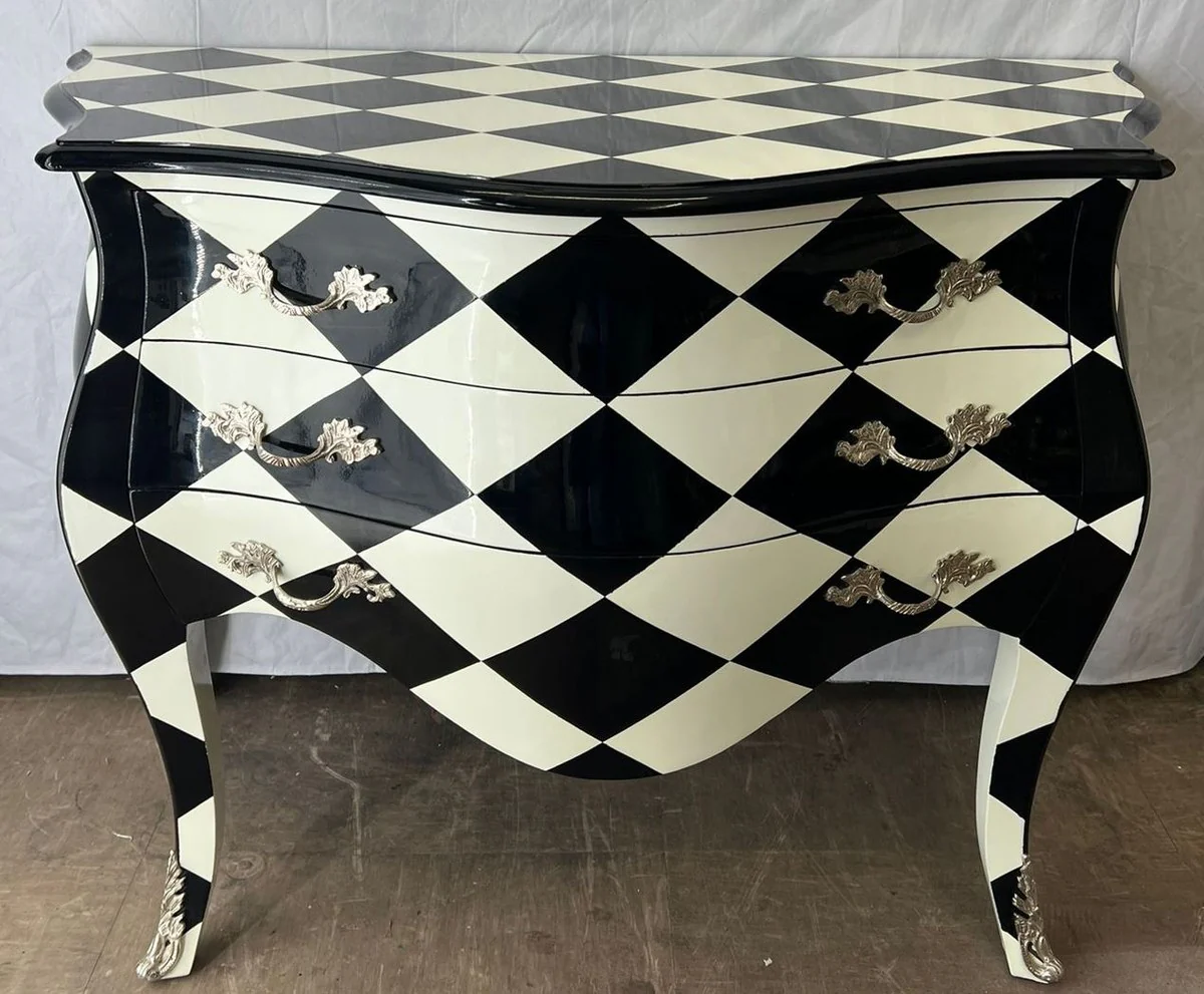 Baroque chest of drawers with checked design and 3 drawers black / white / silver - Baroque furniture