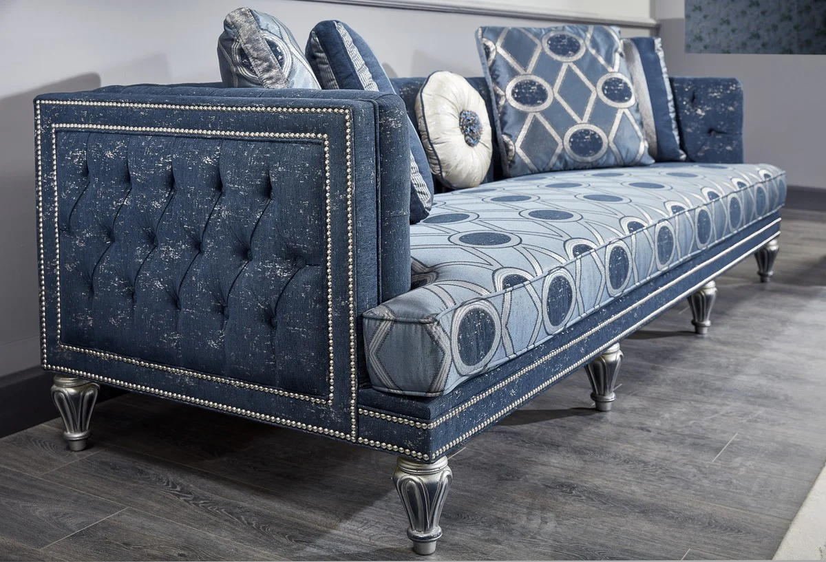 Luxury Baroque Chesterfield sofa dark blue / light blue / silver 250 x 92 x H. 85 cm - Baroque living room furniture