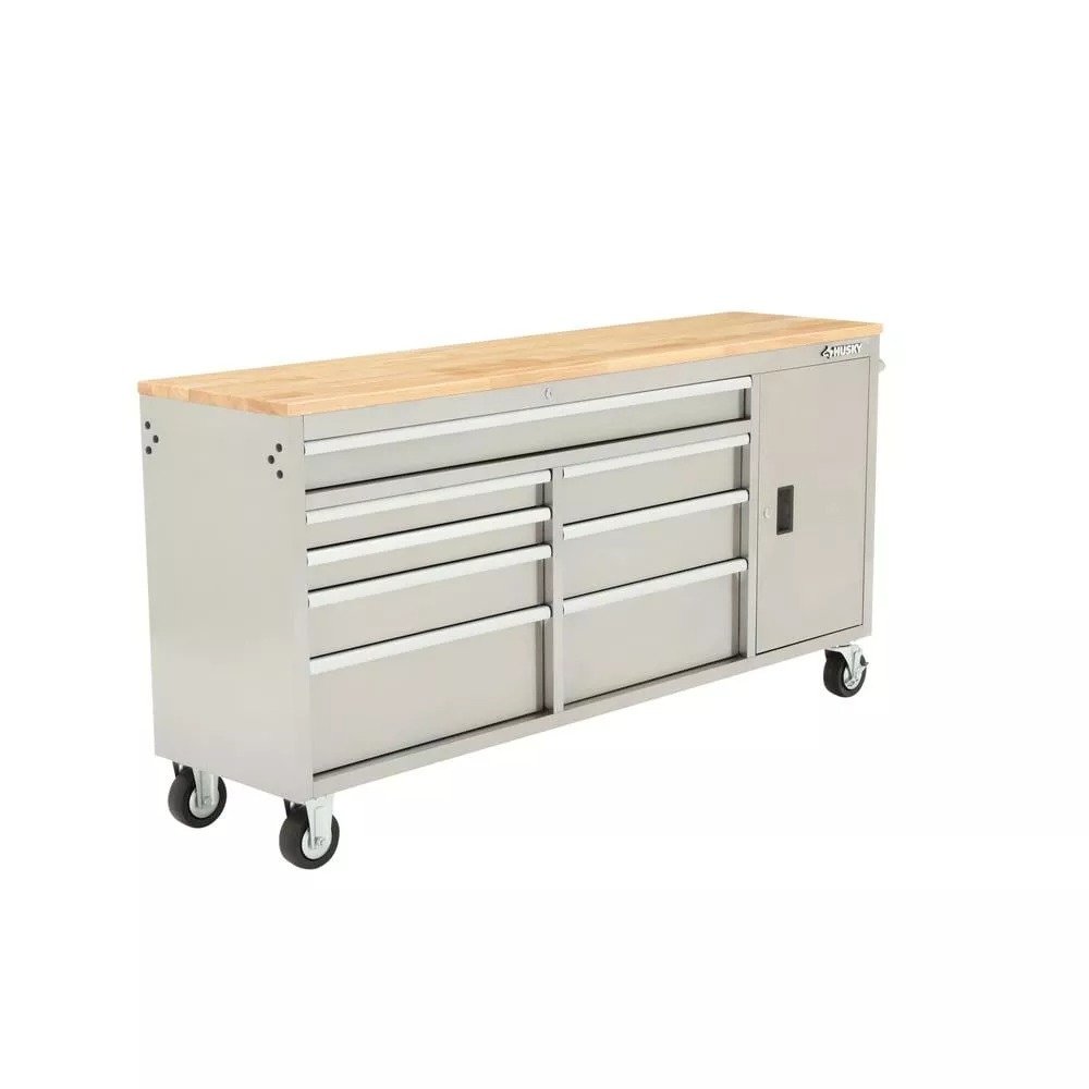 72 IN. 8-DRAWER AND 1-DOOR MOBILE WORKBENCH IN STAINLESS STEEL