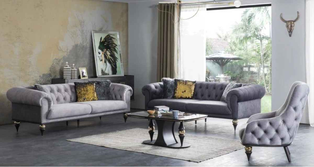Luxury Art Deco Chesterfield living room sofa dark gray / black / brass 230 x 100 x H. 82 cm - Luxury Furniture