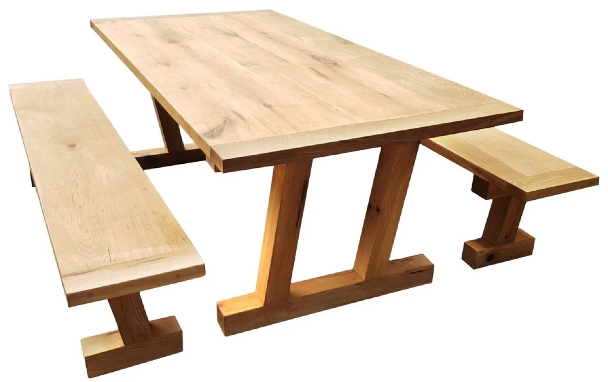 Solid wood dining room set natural colors - oak wood dining table with 2 benches - dining room furniture - restaurant furniture - solid oak wood furniture