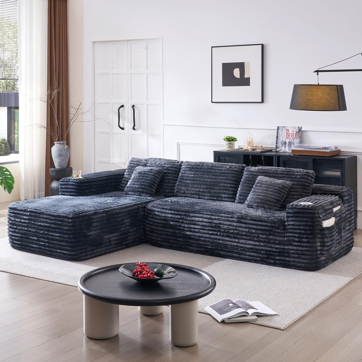 Cloud section sofa with L-shaped recliner modern modular sofa built-in cup holder