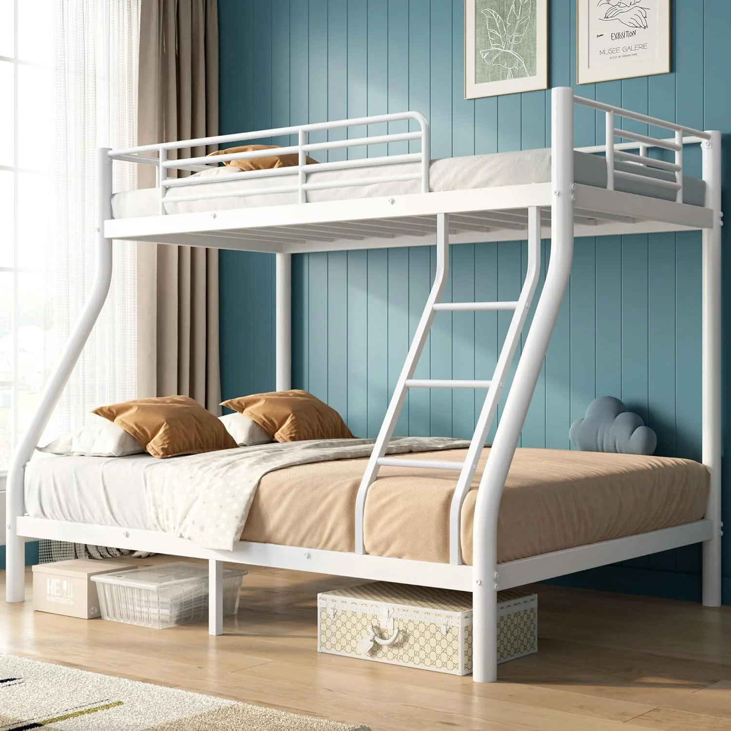 Cyranture Bunk Beds Twin Over Full Size Heavy Duty Bunk Beds Guardrail Metal Bunk Bed Frame