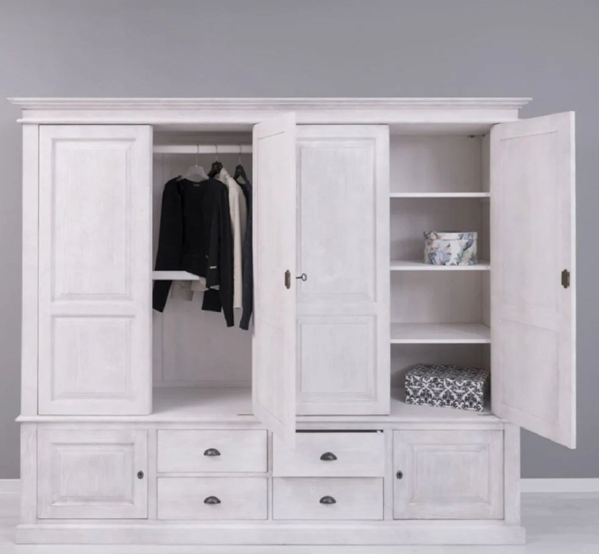 Country house style bedroom wardrobe light gray 232 x 59 x H. 197 cm - solid wood wardrobe with 6 doors and 4 drawers - solid wood bedroom furniture in country house style