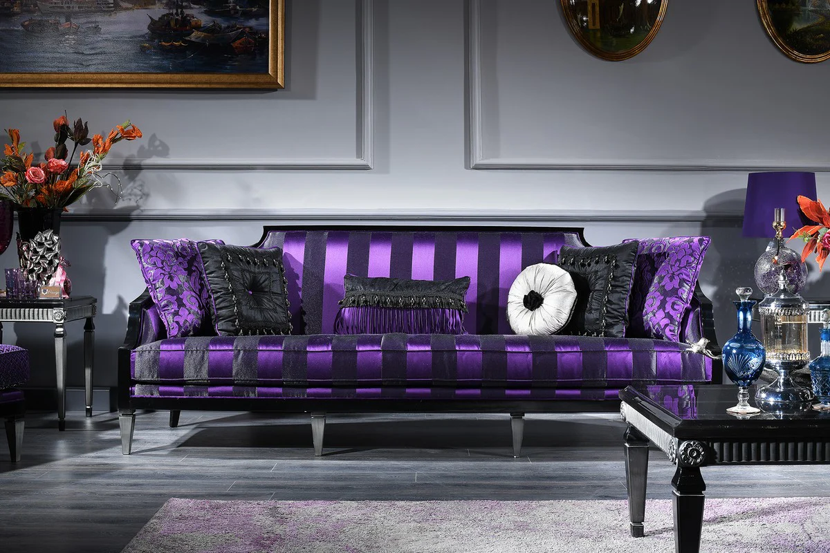 Luxury Baroque Living Room Set Purple / Black / Silver - 1 Sofa & 1 Armchair & 1 Coffee Table & 1 Side Table - Baroque Furniture