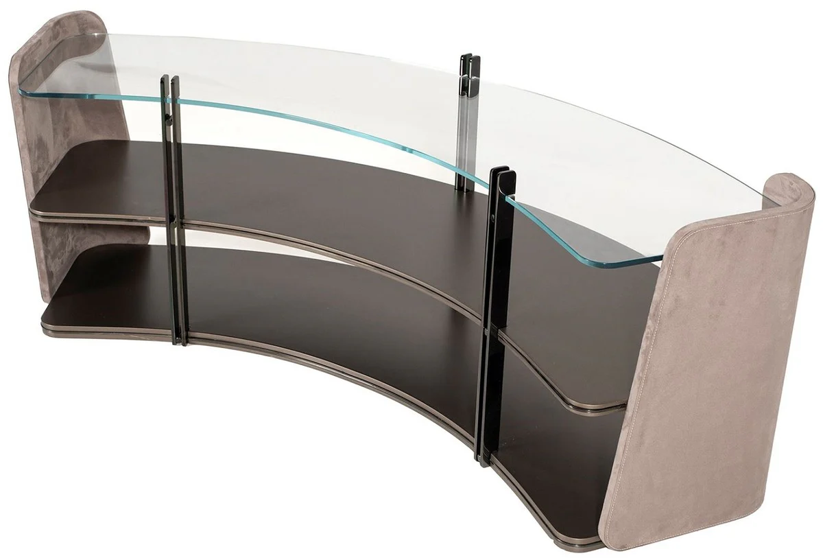 Luxury shelf cabinet gray / dark brown / bronze 141.45 x 105.41 x H. 61.5 cm - Curved cabinet with glass top - Living room furniture - Hotel furniture - Luxury furniture