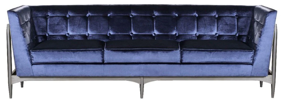 Luxury Art Deco 3-seater sofa blue / gray 250 x 76 x H. 83 cm - Elegant velvet sofa with mahogany frame - Art Deco living room furniture