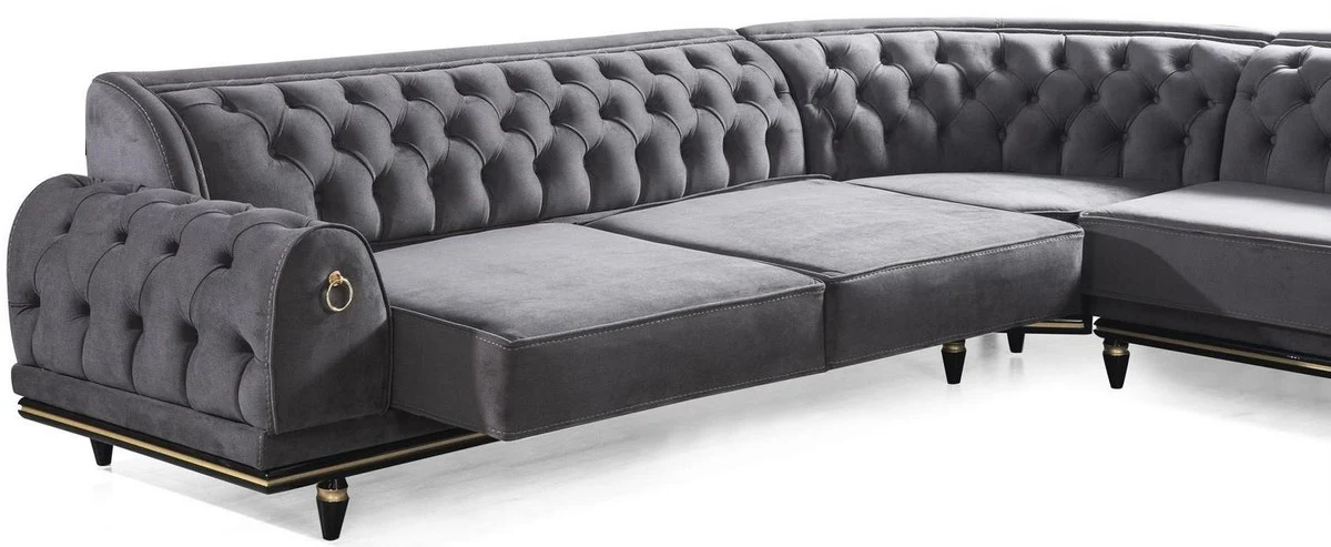 Luxury Art Deco Chesterfield corner sofa gray / black / gold 320 x 285 x H. 82 cm - Elegant living room sofa with decorative cushions - Luxury quality