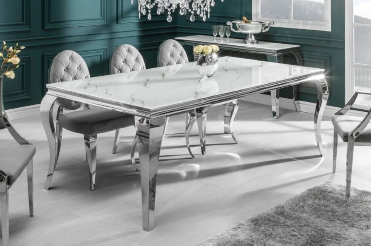 Designer dining table white / gray / silver 200 x 105 x H. 75 cm - Rectangular stainless steel kitchen table with digitally printed safety glass in a marble look - Modern baroque furniture