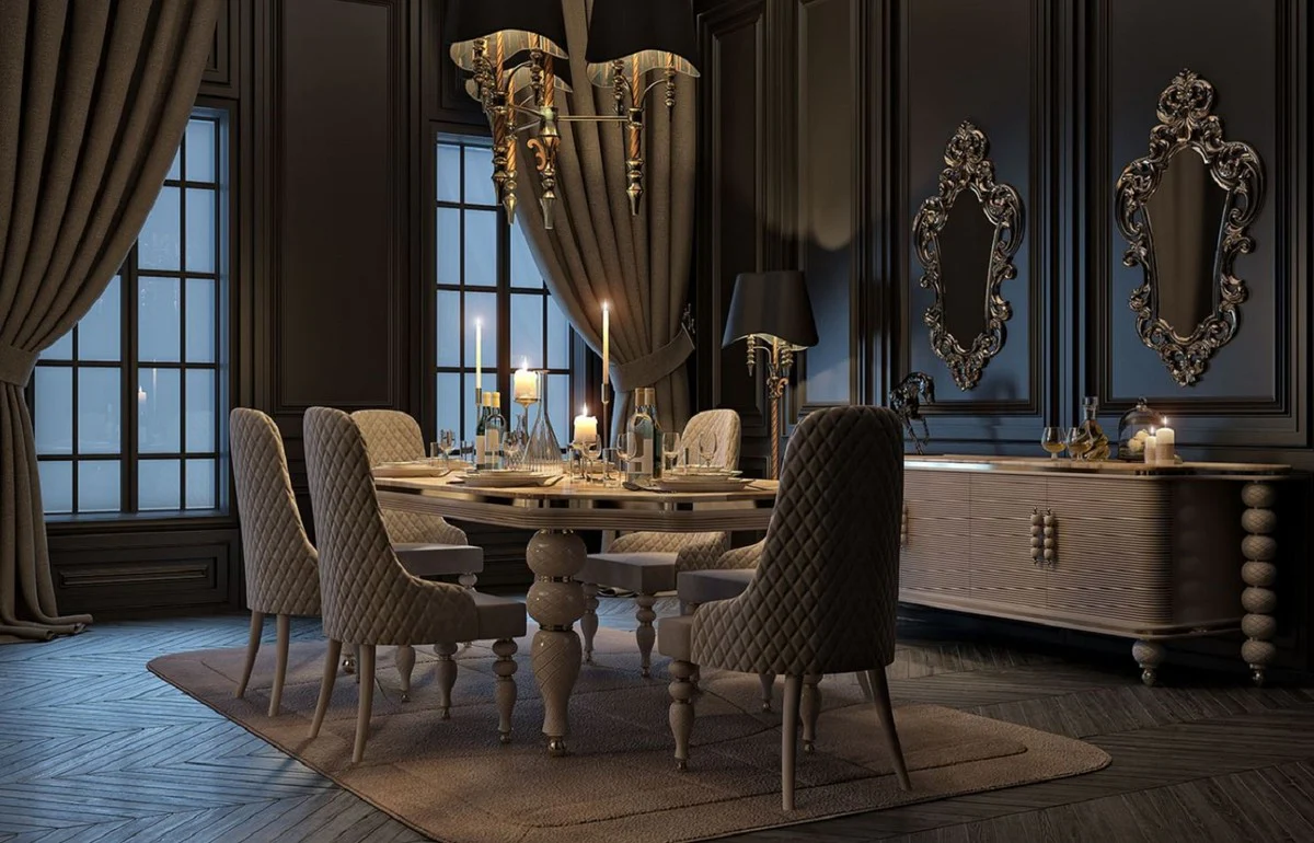 Luxury Art Deco Dining Room Set Gray / White / Gold - 1 Art Deco Dining Table with Faux Marble Table Top & 6 Art Deco Dining Room Chairs - Art Deco Dining Room Furniture - Luxury Quality