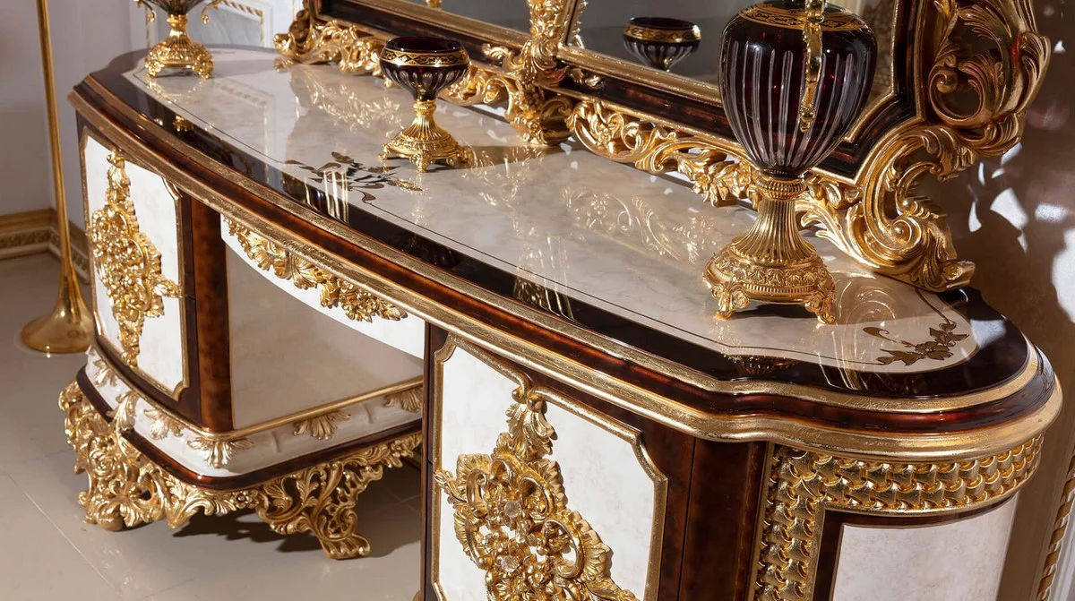 Luxury Baroque Bedroom Set White / Brown / Gold - 1 Baroque Dressing Chest with 5 Drawers & 1 Baroque Mirror & 1 Baroque Stool - Baroque Bedroom Furniture - Noble & Magnificent