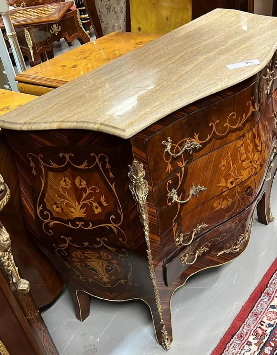 Baroque chest of drawers dark brown / brown inlaid / gold / cream - Handcrafted solid wood chest of drawers with 4 drawers and marble top - Baroque furniture