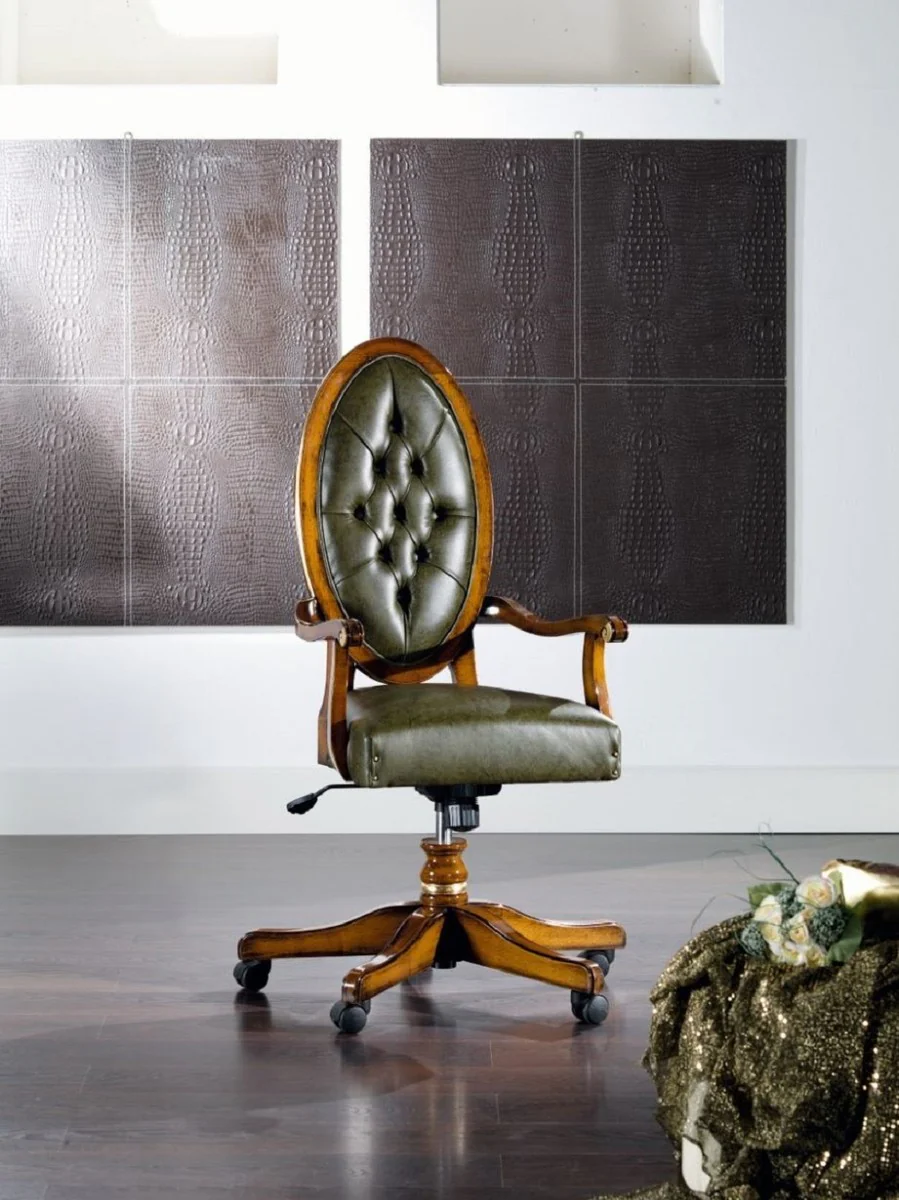 Luxury Art Nouveau office chair vintage green / brown 56 x 47 x H. 110-120 cm - Height-adjustable desk chair with real leather - Baroque & Art Nouveau office furniture