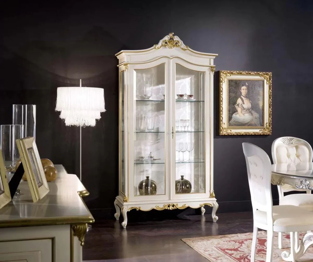 Luxury Baroque display cabinet white / gold - Handcrafted solid wood display cabinet with 2 glass doors - Magnificent Baroque furniture - Luxury quality - Made in Italy