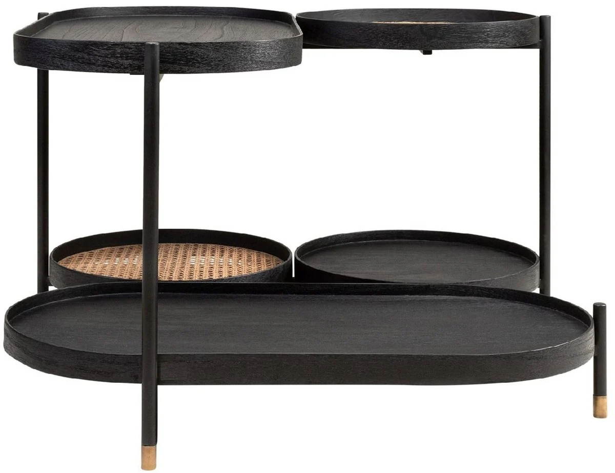 Luxury coffee table black / natural colors / brass 82.8 x 83.5 x H. 53 cm - Mindi wood & rattan living room table with steel frame - living room furniture - luxury furniture - luxury furnishings