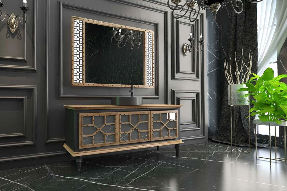 Luxury bathroom set natural color / black - 1 washbasin with 3 doors and 1 sink and 1 wall mirror - luxury quality